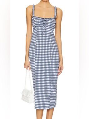 Free people Lucinda gingham plaid midi dress in indigo combo NWT SZ M